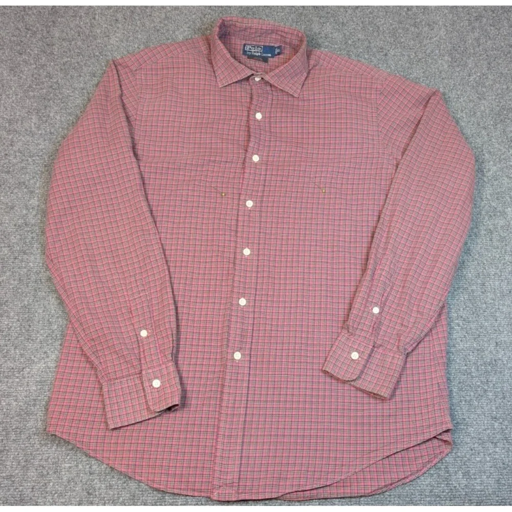 Polo Ralph Lauren Stanton Custom Fit Button Front Shirt Mens XL Pink Plaid Cotto